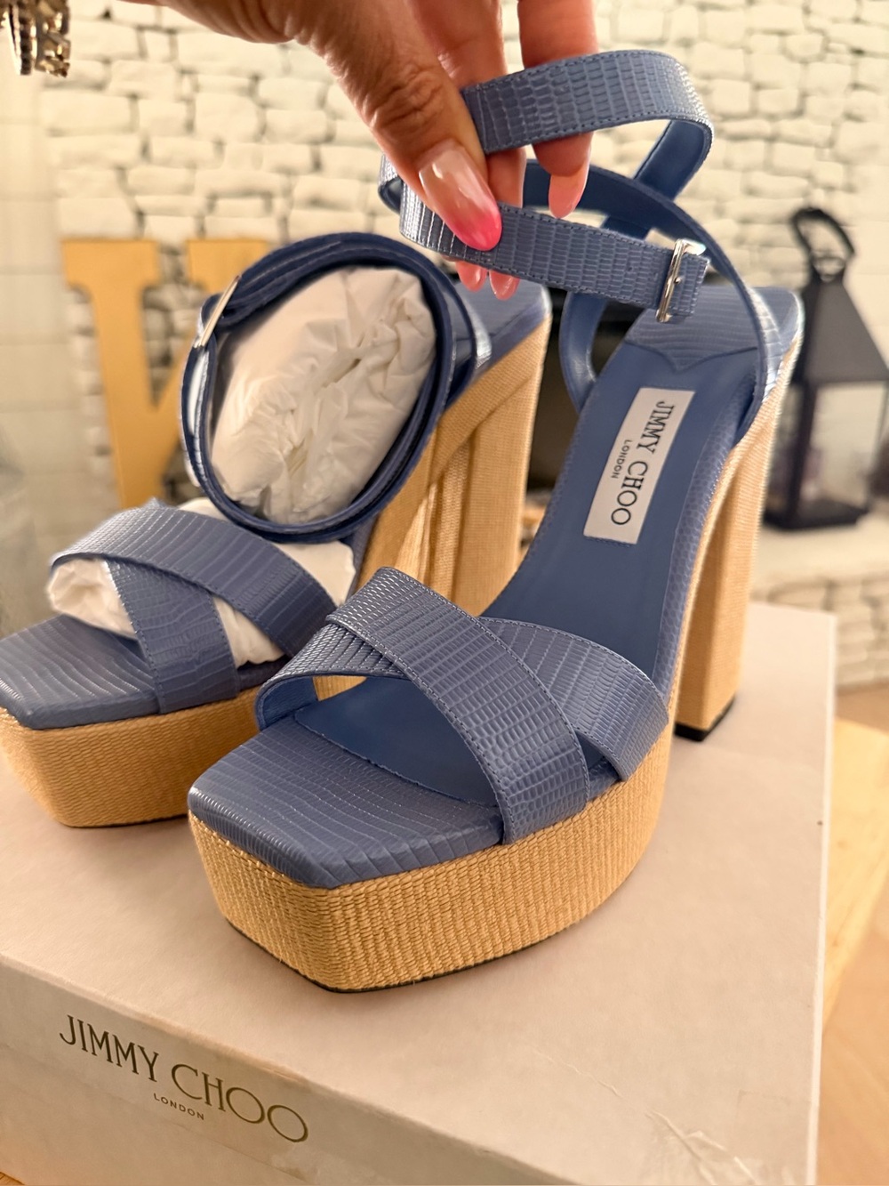 Jimmy Choo Periwinkle Blue Platform Sandals with Woven Natural Platform